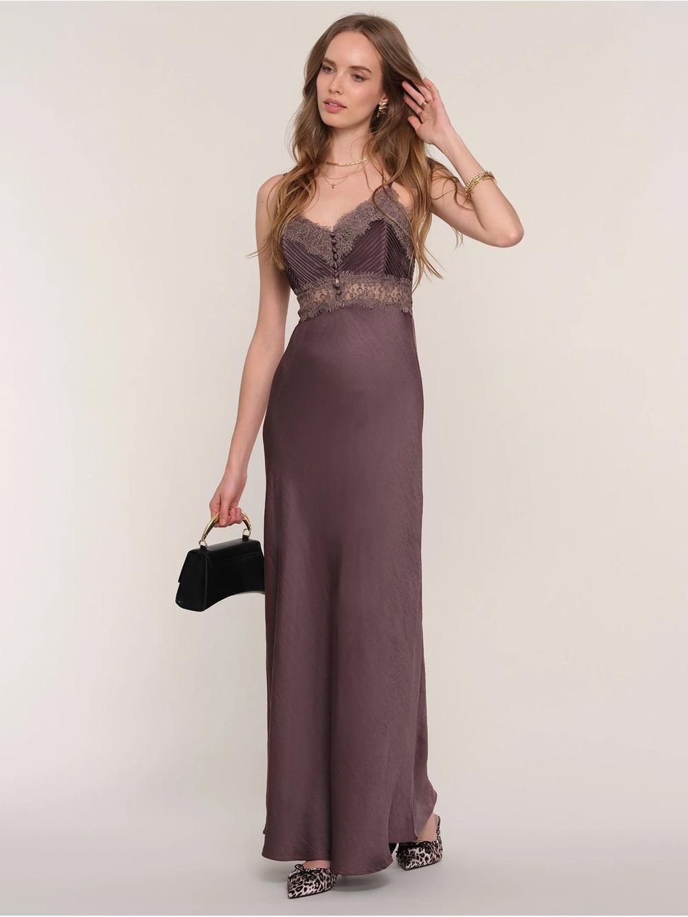 HEARTLOOM Lace Trim Satin Slip Dress in Dusty Mauve